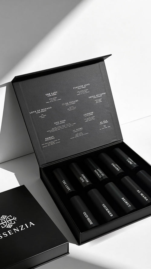 Essenzia Discovery Set, open black box holding ten 20 ml eau de parfum sprays
